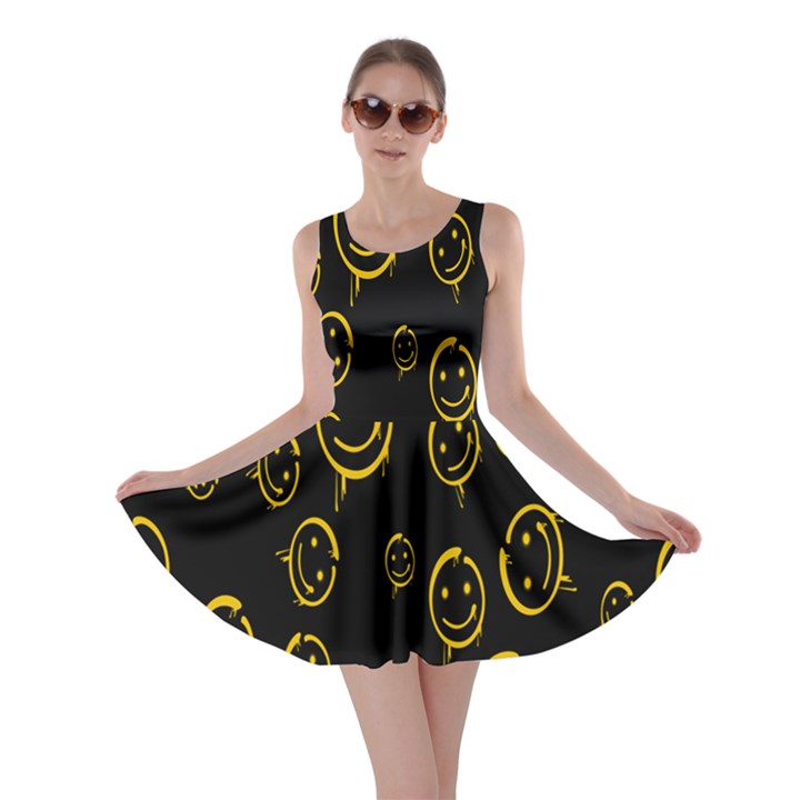 Face Smile Bored Mask Yellow Black Skater Dress