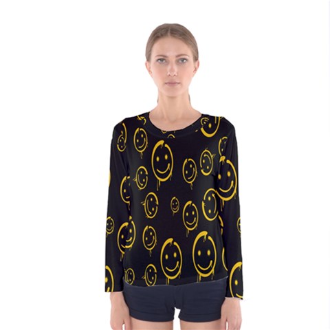 Face Smile Bored Mask Yellow Black Women s Long Sleeve Tee by Mariart