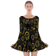 Face Smile Bored Mask Yellow Black Long Sleeve Skater Dress by Mariart