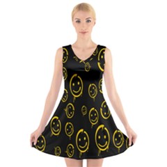 Face Smile Bored Mask Yellow Black V-neck Sleeveless Skater Dress by Mariart