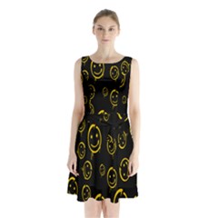 Face Smile Bored Mask Yellow Black Sleeveless Waist Tie Chiffon Dress by Mariart