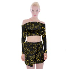 Face Smile Bored Mask Yellow Black Off Shoulder Top With Skirt Set by Mariart