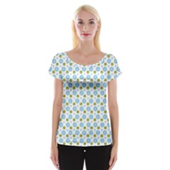 Blue Yellow Star Sunflower Flower Floral Women s Cap Sleeve Top by Mariart