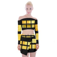 Horizontal Color Scheme Plaid Black Yellow Off Shoulder Top With Skirt Set