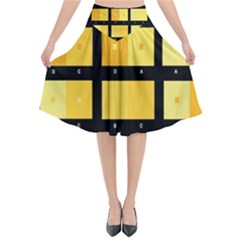 Horizontal Color Scheme Plaid Black Yellow Flared Midi Skirt