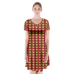 Hawthorn Sharkstooth Triangle Green Red Full Short Sleeve V-neck Flare Dress by Mariart