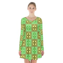 Clipart Aztec Green Yellow Long Sleeve Velvet V-neck Dress by Mariart