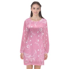 Floral Design Long Sleeve Chiffon Shift Dress 