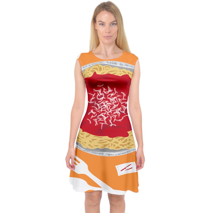 Instant Noodles Mie Sauce Tomato Red Orange Knife Fox Food Pasta Capsleeve Midi Dress