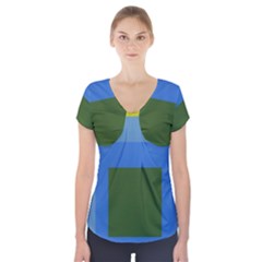 Plaid Green Blue Yellow Short Sleeve Front Detail Top by Mariart