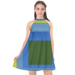 Plaid Green Blue Yellow Halter Neckline Chiffon Dress  by Mariart