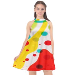 Polkadot Color Rainbow Red Blue Yellow Green Halter Neckline Chiffon Dress 