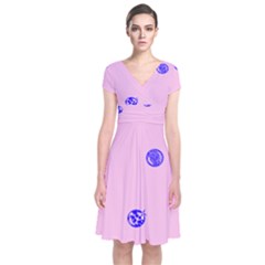 Star Space Balloon Moon Blue Pink Circle Round Polkadot Short Sleeve Front Wrap Dress by Mariart