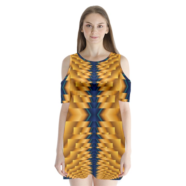 Plaid Blue Gold Wave Chevron Shoulder Cutout Velvet  One Piece