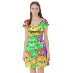 Cute Cartoon Crowd Of Colourful Kids Bears Short Sleeve Skater Dress by Nexatart