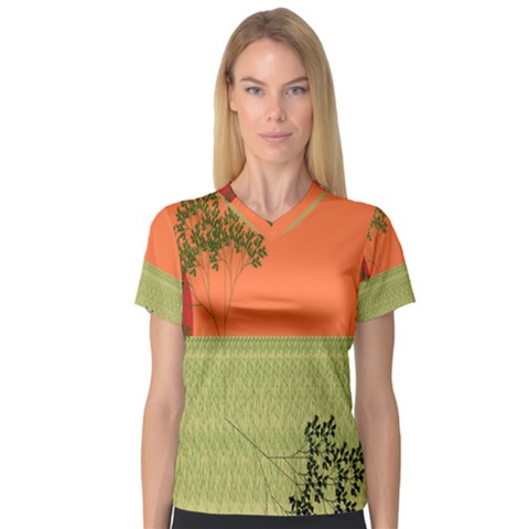 Sunset Orange Green Tree Sun Red Polka Women s V-neck Sport Mesh Tee by Mariart