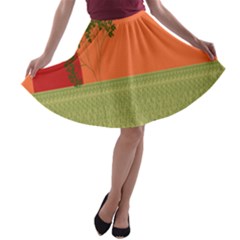 Sunset Orange Green Tree Sun Red Polka A-line Skater Skirt by Mariart