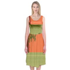 Sunset Orange Green Tree Sun Red Polka Midi Sleeveless Dress by Mariart