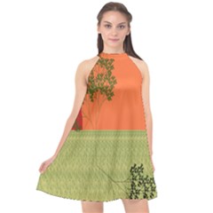 Sunset Orange Green Tree Sun Red Polka Halter Neckline Chiffon Dress  by Mariart