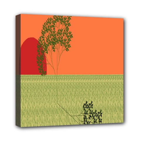 Sunset Orange Green Tree Sun Red Polka Mini Canvas 8  X 8  by Mariart