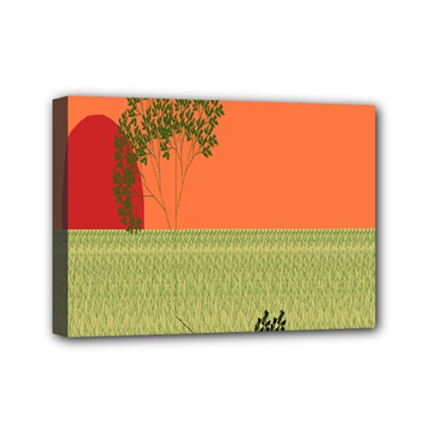 Sunset Orange Green Tree Sun Red Polka Mini Canvas 7  X 5  by Mariart