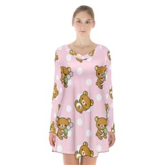 Kawaii Bear Pattern Long Sleeve Velvet V-neck Dress by Nexatart