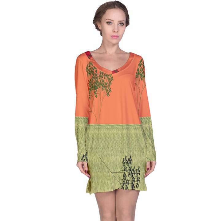 Sunset Orange Green Tree Sun Red Polka Long Sleeve Nightdress