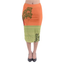 Sunset Orange Green Tree Sun Red Polka Midi Pencil Skirt