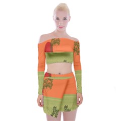 Sunset Orange Green Tree Sun Red Polka Off Shoulder Top With Skirt Set by Mariart