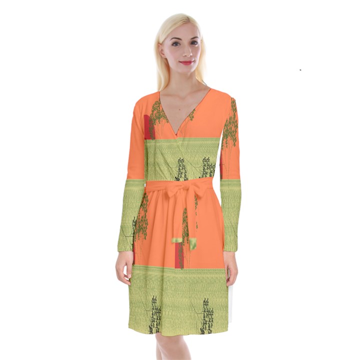 Sunset Orange Green Tree Sun Red Polka Long Sleeve Velvet Front Wrap Dress