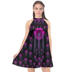 Wonderful Jungle Flowers In The Dark Halter Neckline Chiffon Dress 