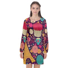 Cute Colorful Doodles Colorful Cute Doodle Paris Long Sleeve Chiffon Shift Dress  by Nexatart