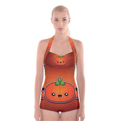 Simple Orange Pumpkin Cute Halloween Boyleg Halter Swimsuit  by Nexatart