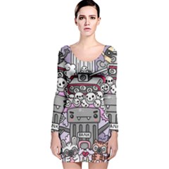 0 Sad War Kawaii Doodle Long Sleeve Velvet Bodycon Dress by Nexatart