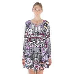 0 Sad War Kawaii Doodle Long Sleeve Velvet V-neck Dress by Nexatart