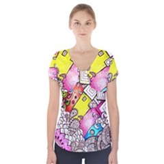 Beautiful Colorful Doodle Short Sleeve Front Detail Top by Nexatart