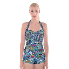 Colorful Drawings Pattern Boyleg Halter Swimsuit  by Nexatart