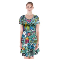 Colorful Drawings Pattern Short Sleeve V-neck Flare Dress by Nexatart