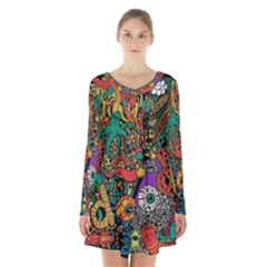 Monsters Colorful Doodle Long Sleeve Velvet V-neck Dress by Nexatart