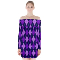 Static Argyle Pattern Blue Purple Long Sleeve Off Shoulder Dress by Nexatart