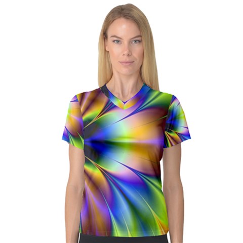 Bright Flower Fractal Star Floral Rainbow Women s V-neck Sport Mesh Tee by Mariart