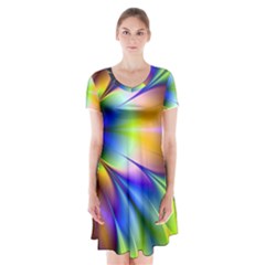 Bright Flower Fractal Star Floral Rainbow Short Sleeve V-neck Flare Dress by Mariart