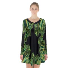 Burning Ship Fractal Silver Green Hole Black Long Sleeve Velvet V-neck Dress by Mariart