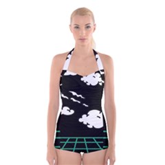 Illustration Cloud Line White Green Black Spot Polka Boyleg Halter Swimsuit  by Mariart