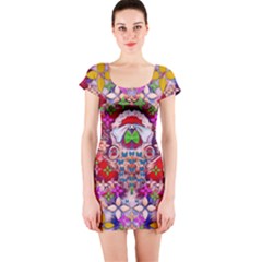 Hawaiian Poi Cartoon Dog Short Sleeve Bodycon Dress