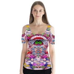 Hawaiian Poi Cartoon Dog Butterfly Sleeve Cutout Tee 