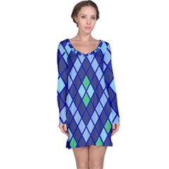 Blue Diamonds Green Grey Plaid Line Chevron Long Sleeve Nightdress by Mariart