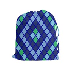 Blue Diamonds Green Grey Plaid Line Chevron Drawstring Pouches (extra Large) by Mariart