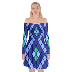 Blue Diamonds Green Grey Plaid Line Chevron Off Shoulder Skater Dress by Mariart