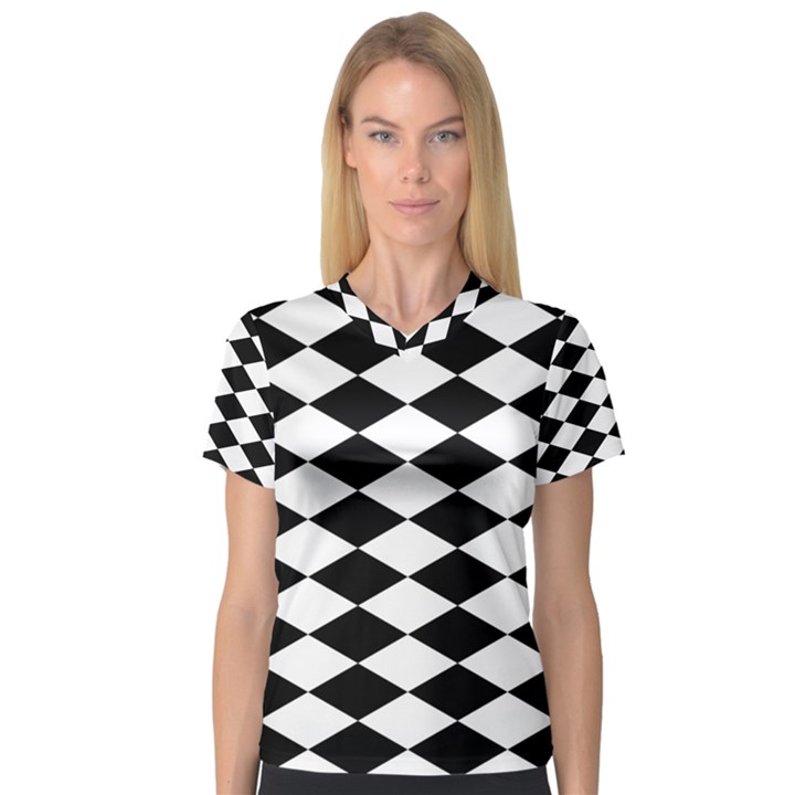 Diamond Black White Plaid Chevron Women s V-Neck Sport Mesh Tee